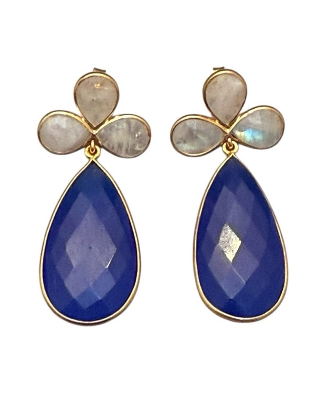 Gold-Plated Blue Teardrop & Moonstone Floral Drop Earrings